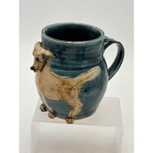 Studio Pottery Dog Mug 3D Relief Greyhound Whippet Teal‎ Blue Glazed Handcrafted